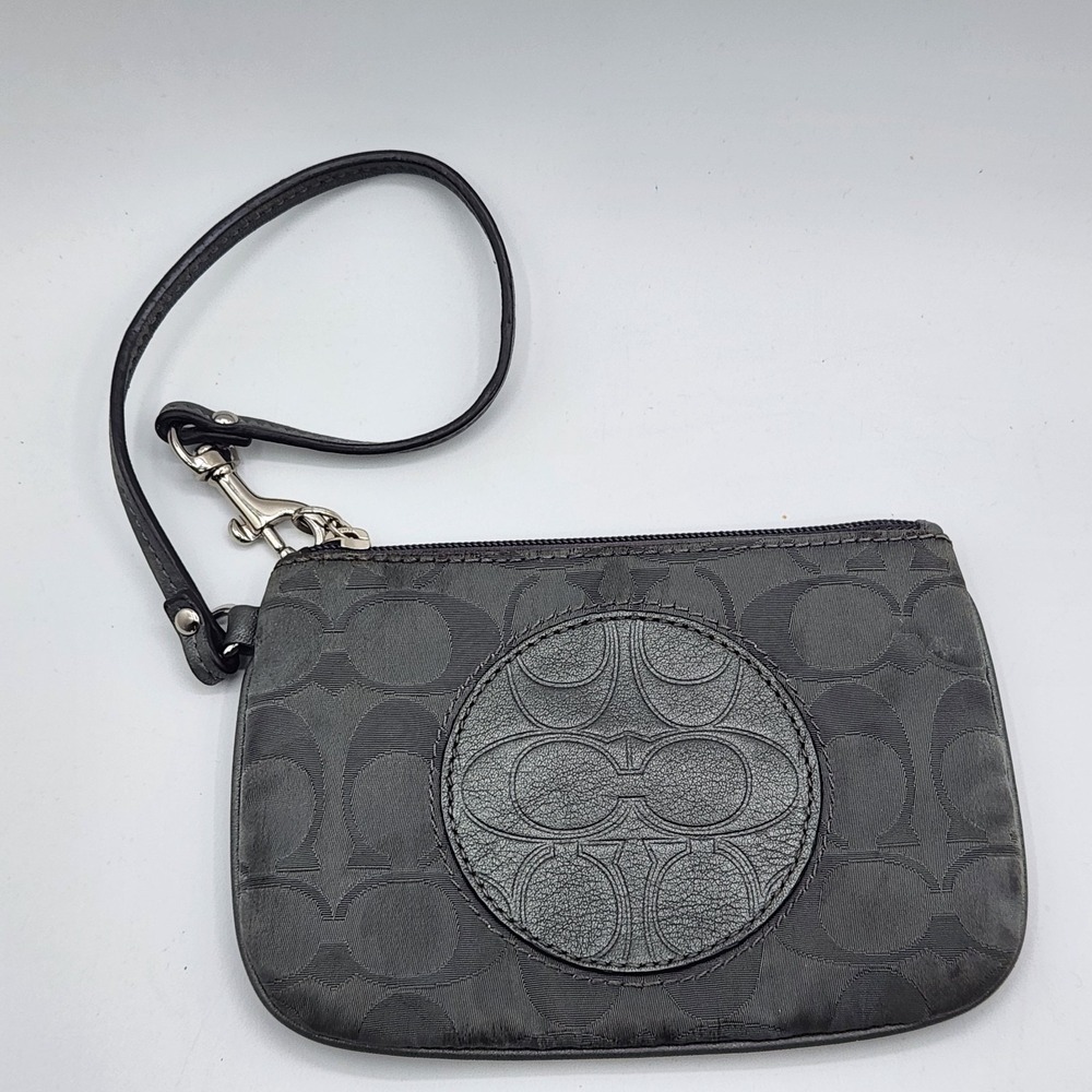 Coach Black Signature Jacquard Leather Circle Logo Small‎ Wristlet Clutch Purse